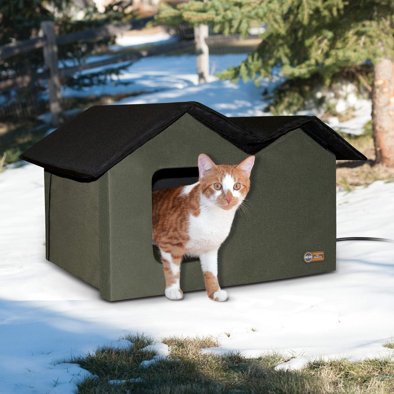 K&H Pet Products Outdoor Heated Kitty House Extra-Wide Olive/Black 26.5" x 15.5" x 21.5" 20W : Pet Supplies