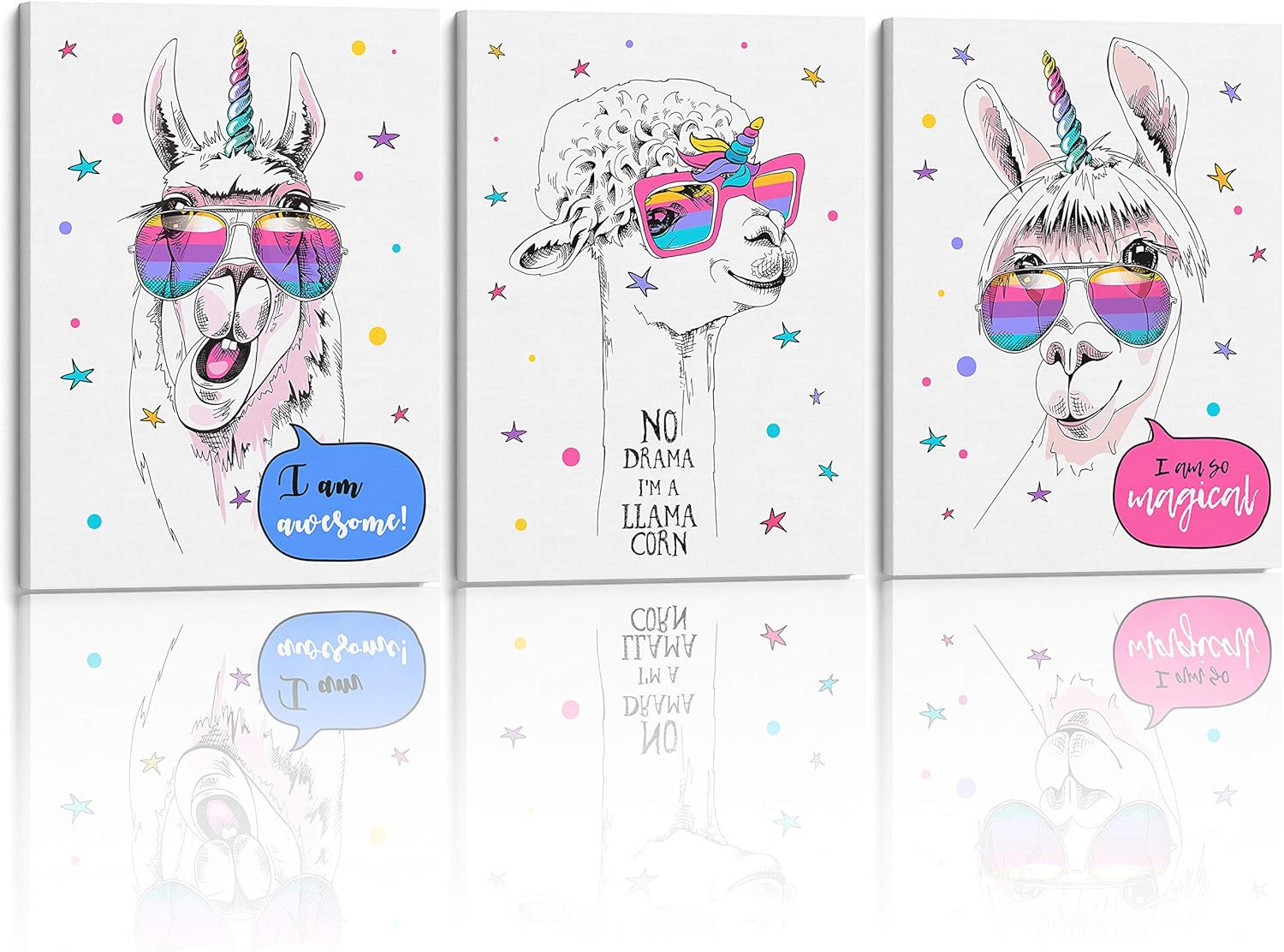 Something Unicorn - Stretched/Framed, Ready to Hang Canvas Wall Art for Girl's Bedroom. Super Cute Water Color Unicorn Prints for Girls Bedroom Decor. Set of 3. 12x16in - Llamacorn