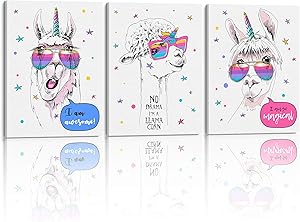 Something Unicorn - Stretched/Framed, Ready to Hang Canvas Wall Art for Girl's Bedroom. Super Cute Water Color Unicorn Prints for Girls Bedroom Decor. Set of 3. 12x16in - Llamacorn