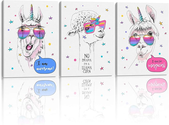 Something Unicorn - Stretched/Framed, Ready to Hang Canvas Wall Art for Girl's Bedroom. Super Cute Water Color Unicorn Prints for Girls Bedroom Decor. Set of 3. 12x16in - Llamacorn