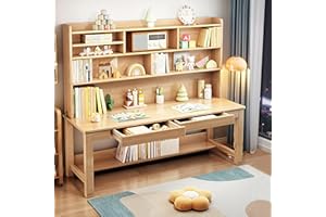BALANBO Kids Desk Kids Table with Hutch for Children Wood Table Solid Wood Desk Two Positions Suitable for Two People Suitable for Children's Study Adult Home Office and Other Places(Natural)