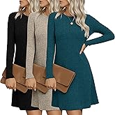 Riyiper 3 Pack Women's Long Sleeve Sweater Tunic Dresses - Loose Fitting Knit Crew Neck for Casual Fall Winter
