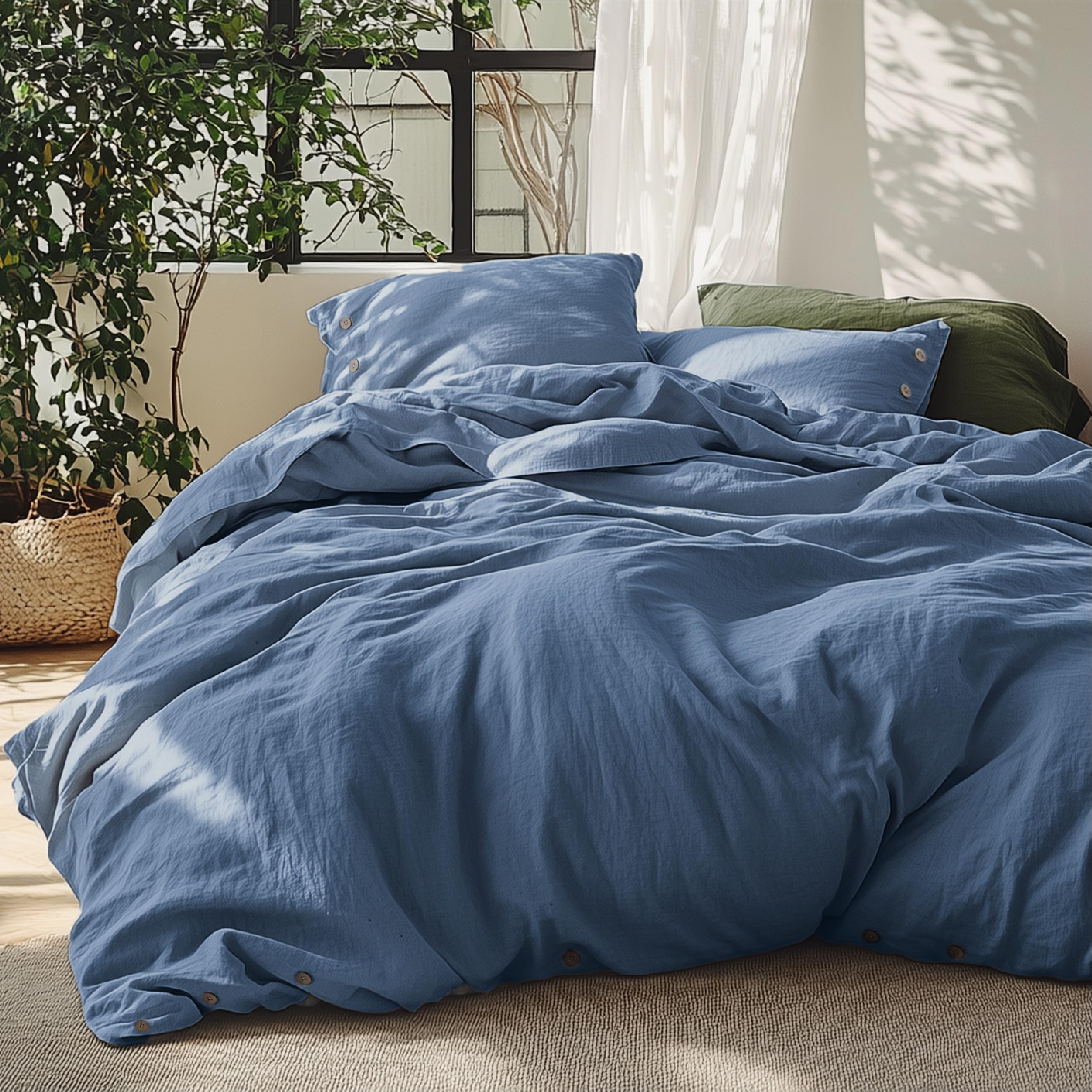 Photo 1 of Bedsure Linen Duvet Cover King Size - Linen Cotton Blend Bedding Set, Soft & Cozy, 3 Pieces, 1 Duvet Cover 104x90 and 2 Pillowcases, Foggy Blue Color Cooling Bedding, Comforter Sold Separately