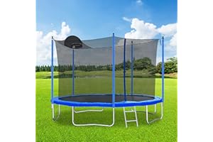 DHPM Trampoline 14 FT with Safety Enclosure Net, Trampoline Outdoor with Basketball Hoop, Heavy Duty Jumping Mat and Spring Cover Padding for Kids and Adults, Ladder and Zipper, Protective net Pole