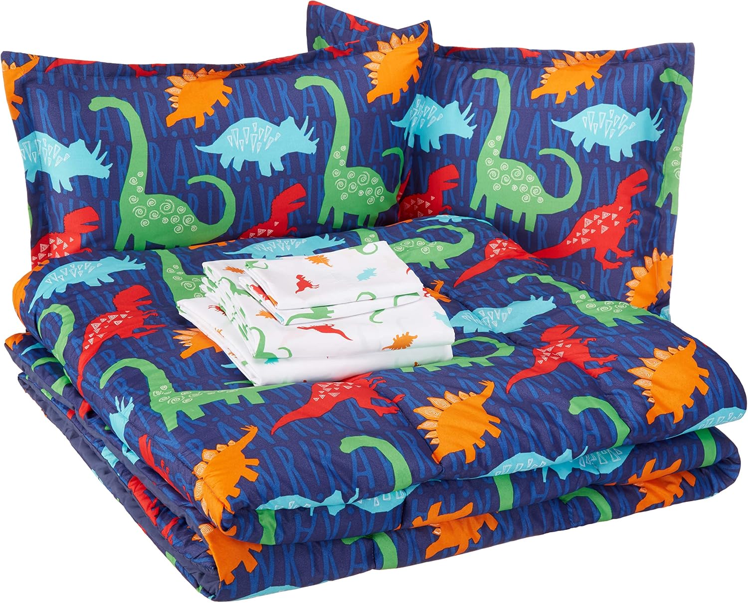 AmazonBasics Easy Care Super Soft Microfiber Kid's Bed-in-a-Bag Bedding Set - Full / Queen, Multi-Color Dinosaurs