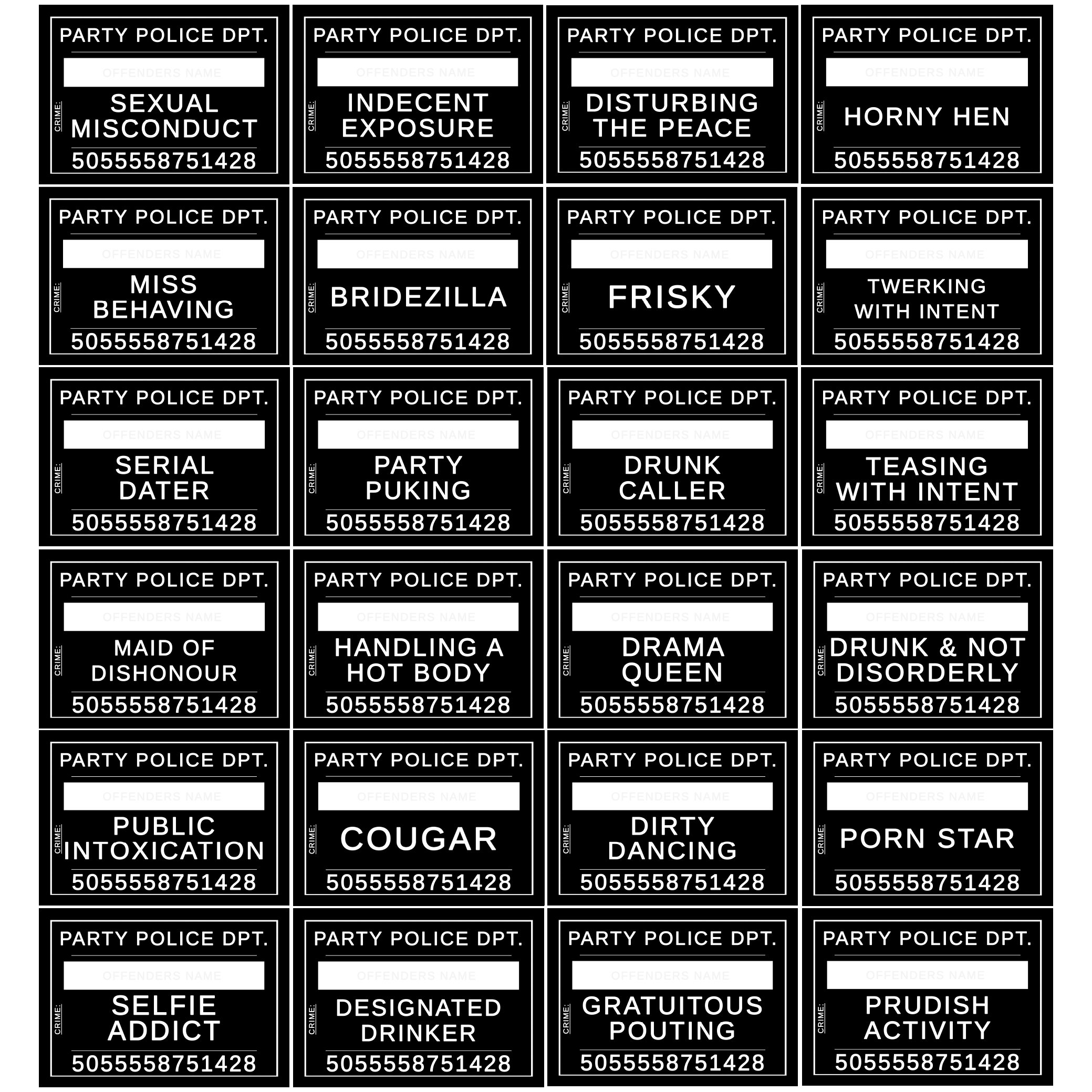 24 Hen Party Mug Shot Photo Props Hilarious Offences on 12 x A5 Cards Designed To Be Personalised With Offenders Name Photobooth Prop For a Hen, Bridal Shower, Wedding Party or Girls Night