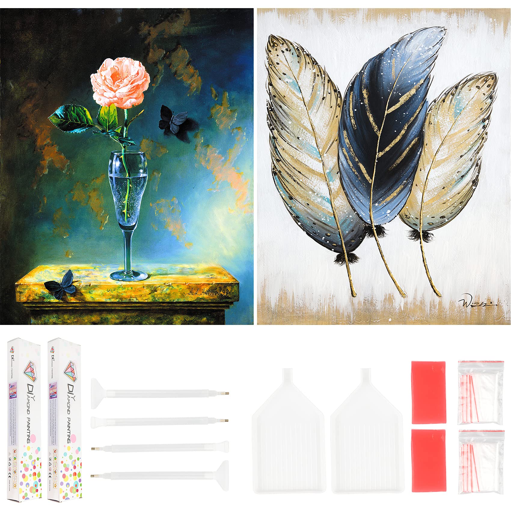 2 Pack 5D Diamond Painting Kits Full Drill Rhinestone Crystal Dimond Painting Accessories Glass Rose Feather Cross Stitch Kits for Adults Children Craft Dimond Picture Art Gifts for Home Wall Decor