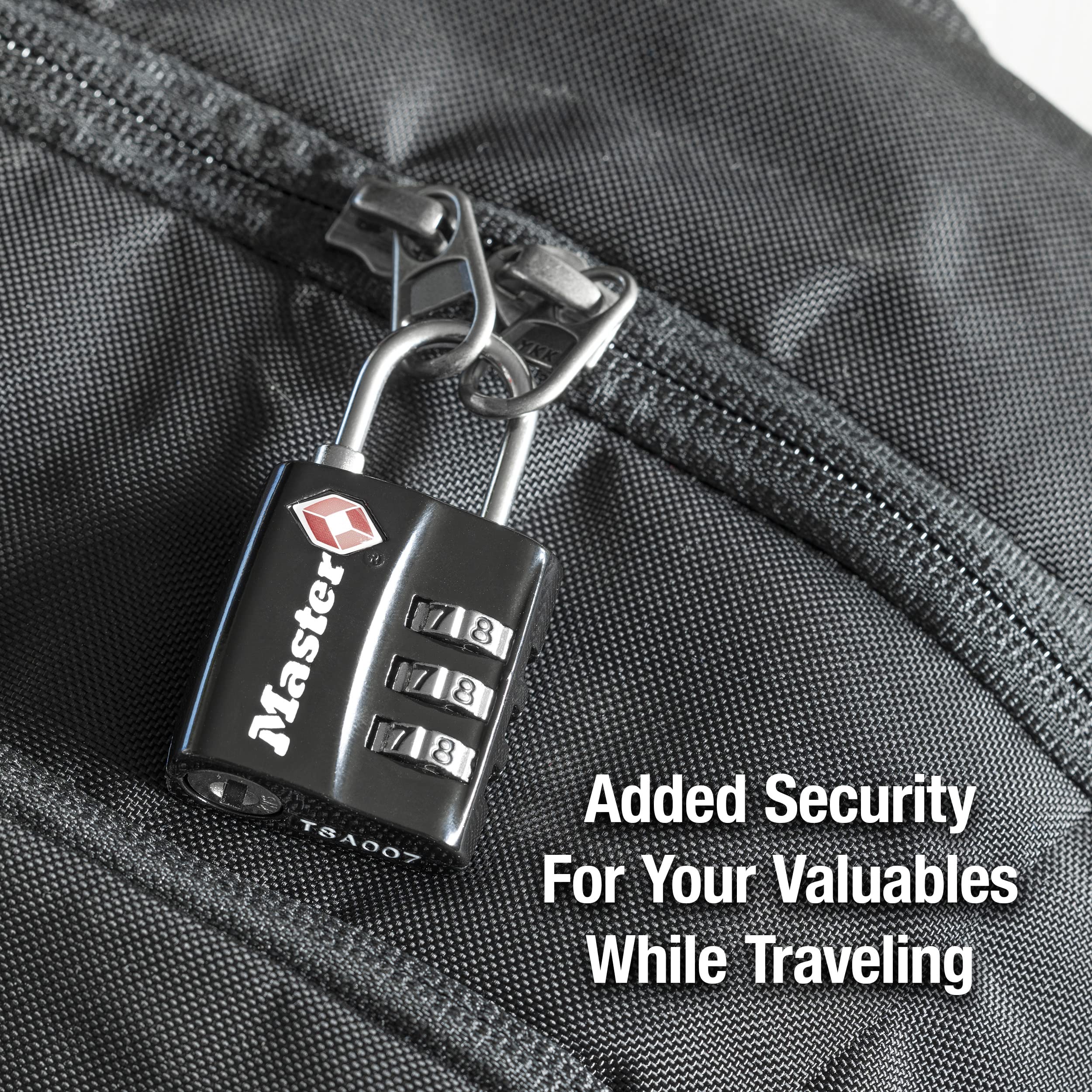 Master Lock Black TSA-Approved Luggage Lock with Wide Lock Body and Thin, Durable Steel Shackle, Zipper Lock for Backpacks, Luggage, 3 pk, 4680BLKEC3