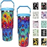 mvhsuoem 30 oz Flip Straw Tumbler with Top Handle Resuable Vacuum Insulated Flip Top Water bottle for Home Office Car Dishwasher Safe, Peacock