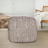 L.R. Resources, Inc Adrian Natural Tan and Cream Geometric Checkerboard Rustic Handmade Cotton and Jute Indoor Cube Pouf Otto