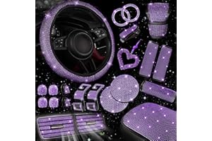 NBTEPEM 30 Pcs Purple Bling Car Accessories Set for Women, Purple Steering Wheel Cover Set, Bling Console Cover, Seat Belt Cushion, Shift Knob Cushion, Cup Coaster, Rhinestone Car Hanging Accessories