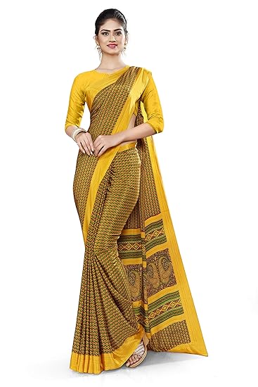 Uniform Sarees Corp Womens Small Print Italian Silk Crepe Institution Uniform Saree With Blouse (Gold yellow)