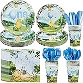 HIPEEWO Winnie 1st Birthday Decorations - Boy's First Birthday Party Supplies, Tableware Set for 24, Includes Plate, Napkin, Cup, Cutlery, Bear Party Decorations