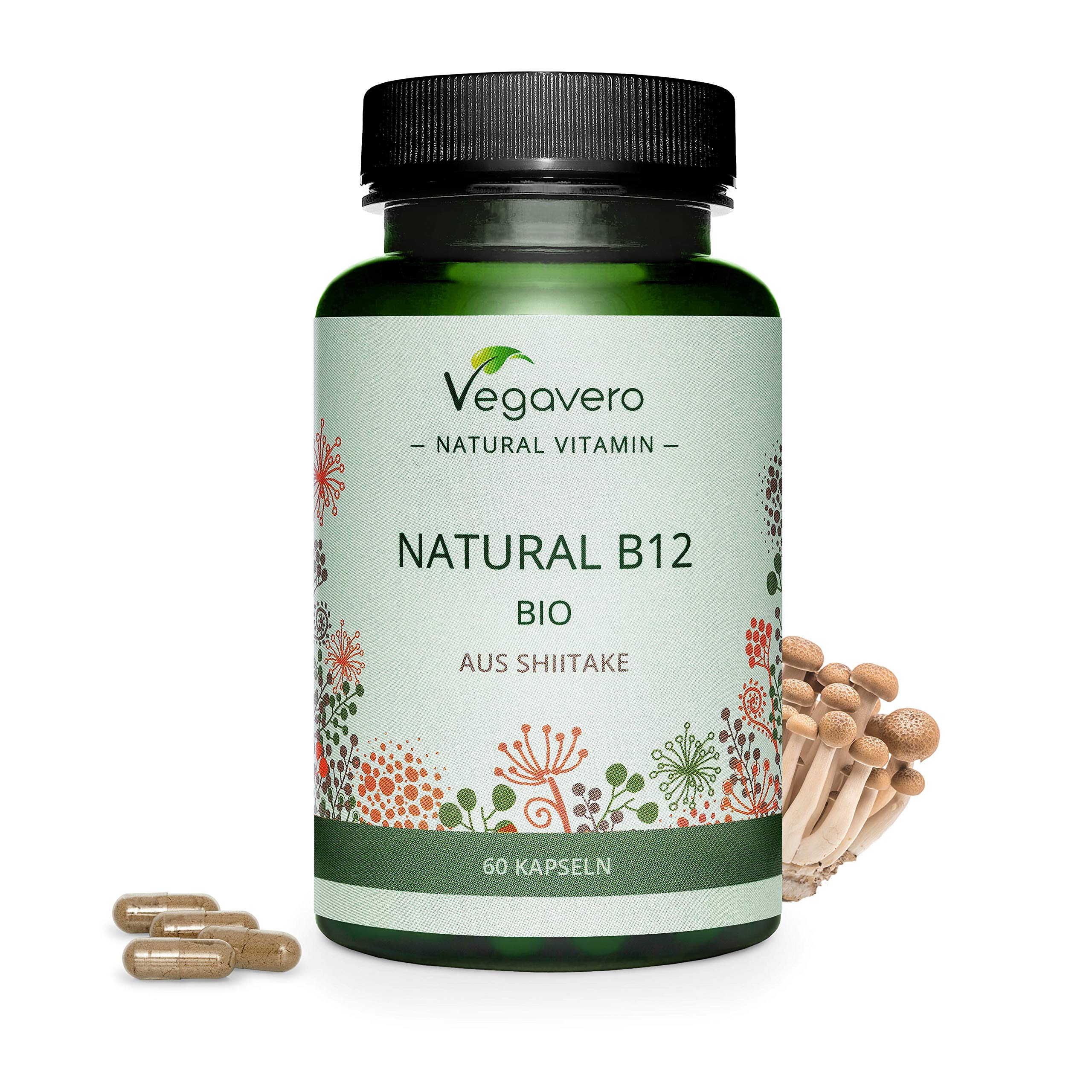 Natural Shiitake Vitamin B12 Vegavero® | from Organic Mushroom Extract | No Additives & GMO Free | Fatigue + Energy Metabolism* | 60 Capsules | 100 mcg