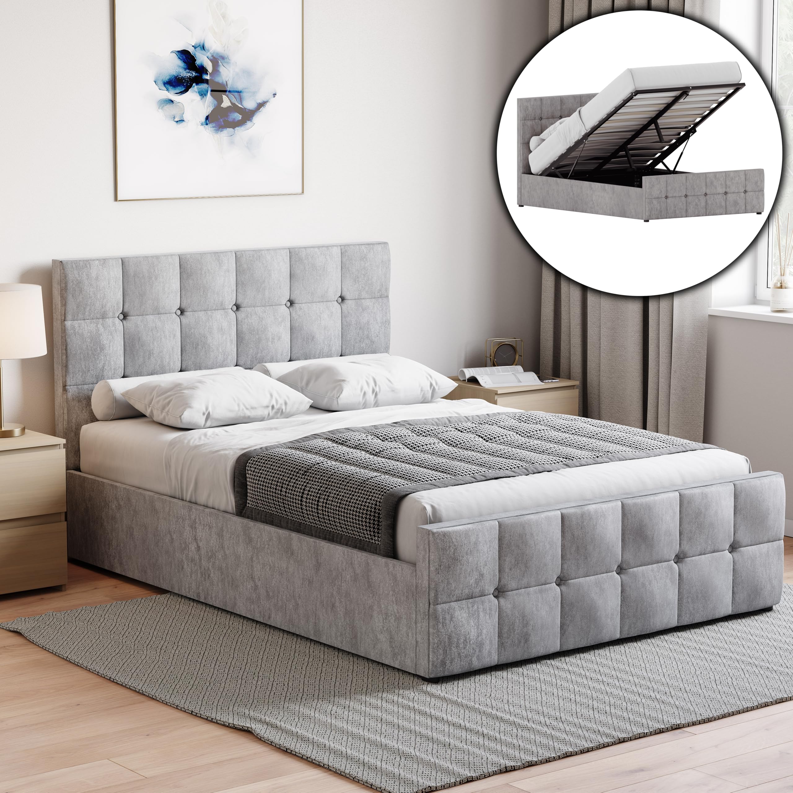 Vida Designs Valentina Double Ottoman Storage Bed Frame – Crushed Velvet Silver – Lift-Up Storage Design – 106H x 147W x 207D cm – Gas Lift Mechanism – UKFR Certified