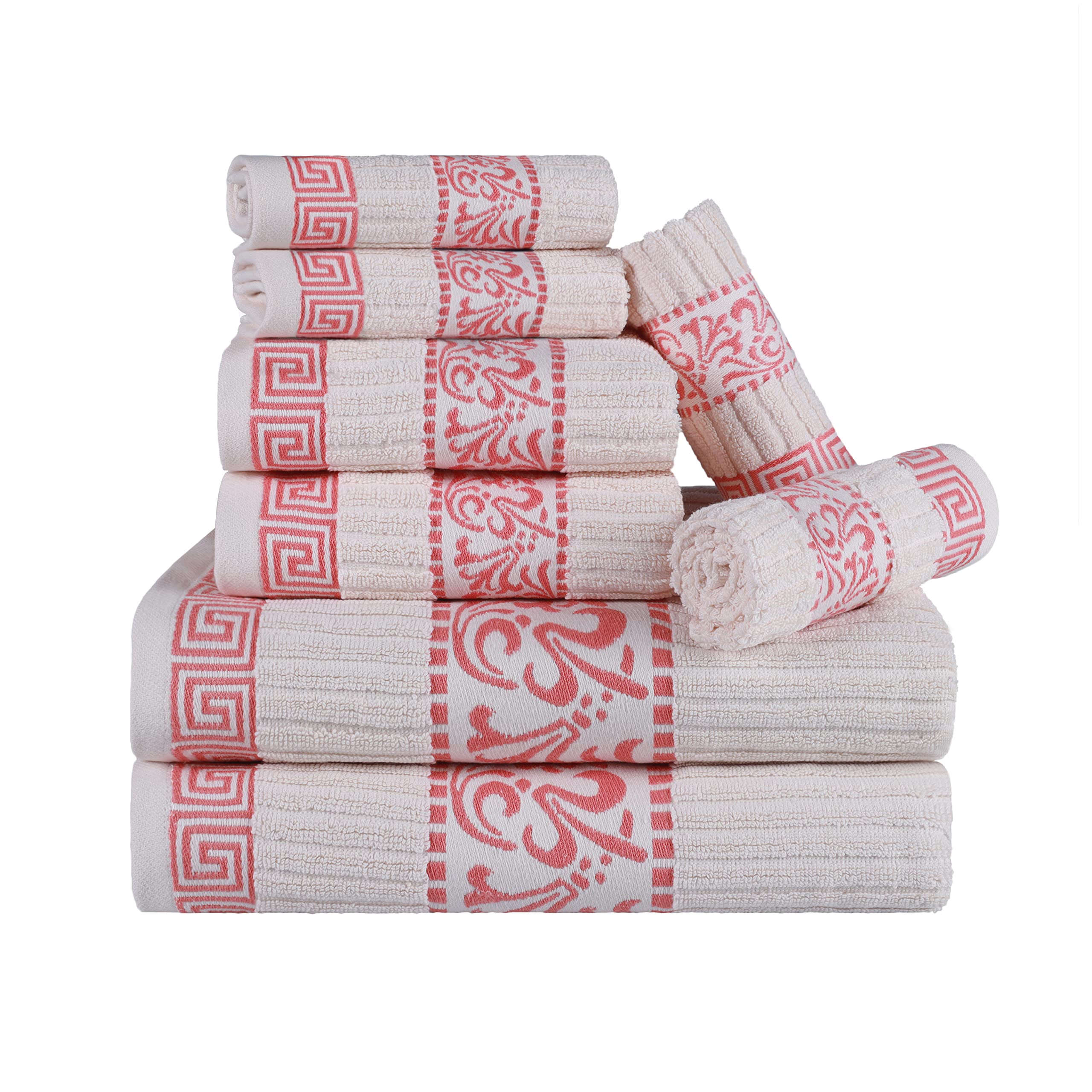 Superior 8-Piece Cotton Towel Set, Decorative Greek Pattern, Home Essentials, Absorbent Towels, Decor for Bathroom, Spa, Includes 2 Hand, 2 Face and 4 Bath Towels, Athens Collection, Coral Image Superior 8-Piece Cotton Towel Set, Decorative Greek Pattern, Home Essentials, Absorbent Towels, Decor for Bathroom, Spa, Includes 2 Hand, 2 Face and 4 Bath Towels, Athens Collection, Coral Image