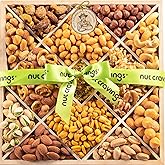 NUT CRAVINGS - Purim Mishloach Manot Mixed Nuts Gift Basket in Reusable Diamond Wooden Tray + Green Ribbon (12 Assortments) Treats for Adults, Food Arrangement Healthy Snack Care Package, Kosher