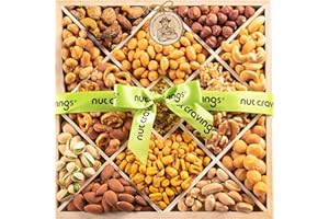 NUT CRAVINGS - Valentines Mixed Nuts Gift Basket in Reusable Diamond Wooden Tray + Green Ribbon (12 Assortments) Xmas Treats for Adults, Food Arrangement Healthy Snack Care Package, Kosher