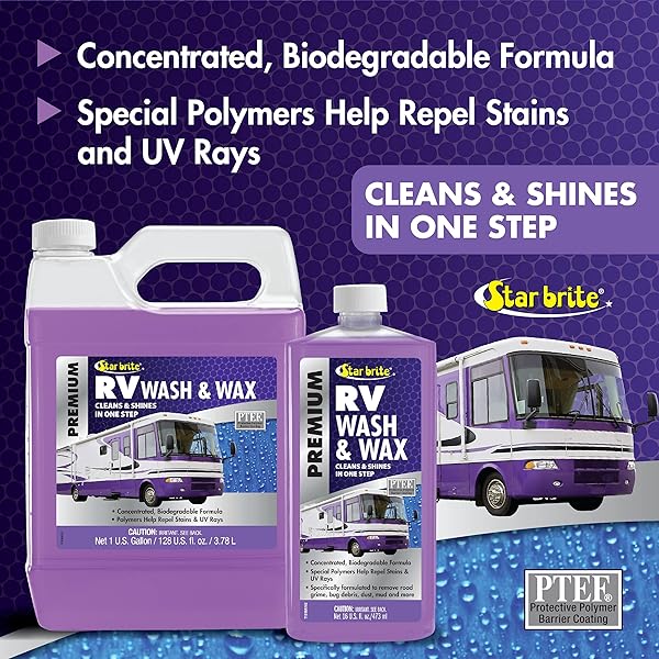 STAR BRITE RV WASH & WAX – CONCENTRATED CLEANER – CLEANS & SHINES IN ONE EASY STEP + REPELS FUTURE STAINS & PROTECTS FROM UV DAMAGE 128 OZ (71500)