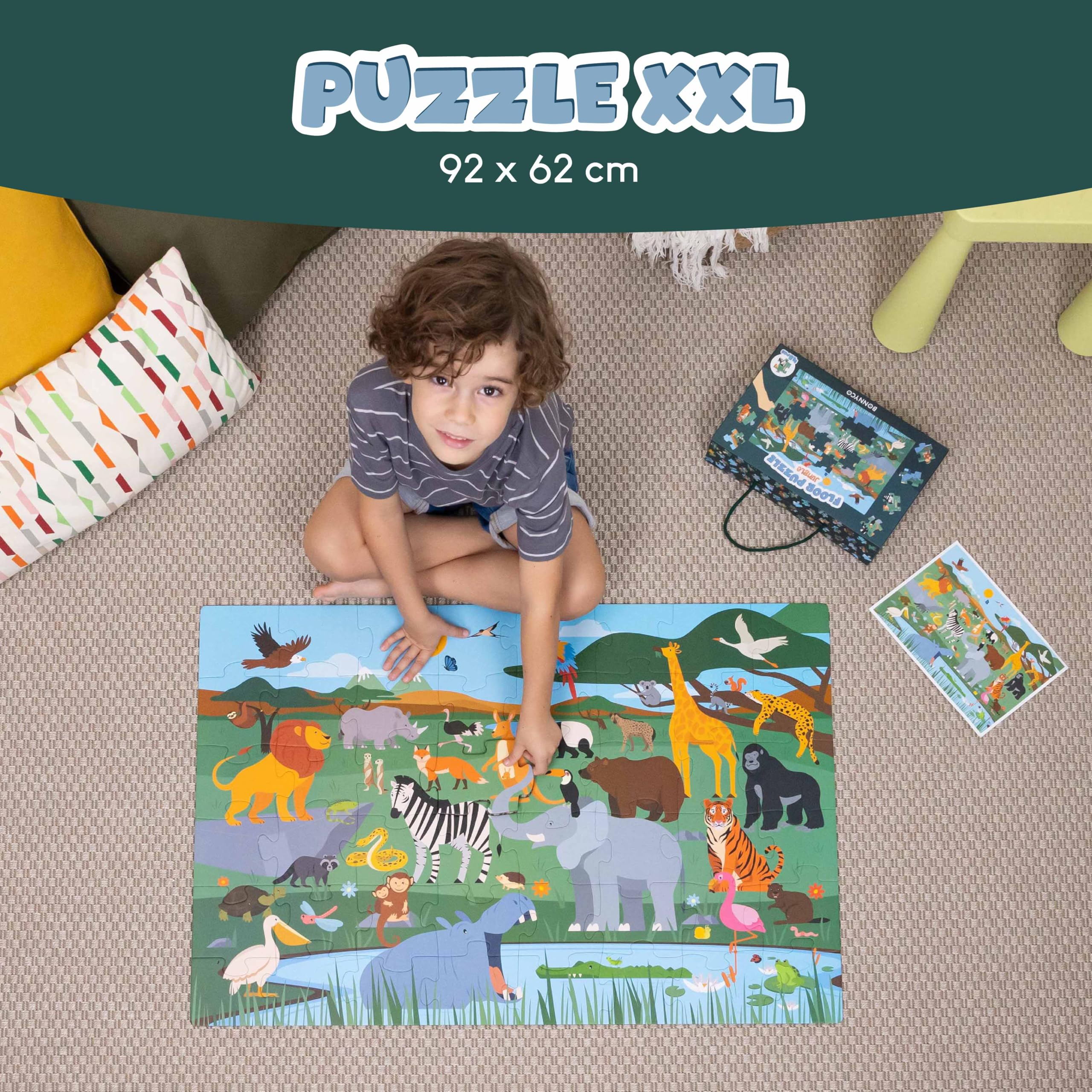 BONNYCO XXL Puzzle Kinder Dschungeltiere mit 48 Große Teile. Safari Bodenpuzzle XXL 92 x 62 cm als Geschenke für Kinder. Puzzel Lernspielzeug für Jungs und Mädchen 2-8 Jahre 2