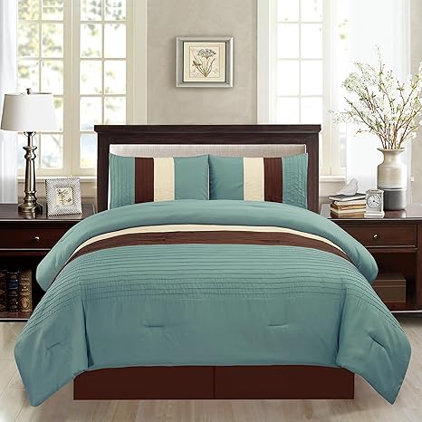 Amazon Com Grand Linen 4 Piece California Cal King Size Light Silver Blue Brown Beige Pin Tuck Stripe Regatta Goose Down Alternative Comforter Set 104 X 90 Bedding Home Kitchen