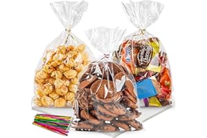 NPLUX 100 Pack Cellophane Bags Small Plastic Cookie Bags Clear Treat Bags with 100x Twist Ties for Small Gift Party Favors, B