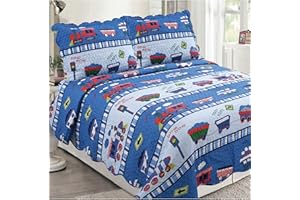 GOLDENLINENS Golden Linens 3 pcs (1 Quilt, 2 Pillow Cases) Bedspread Kids Quilt Multicolor Blue Train at Work # Full Toot Toot Train(29)