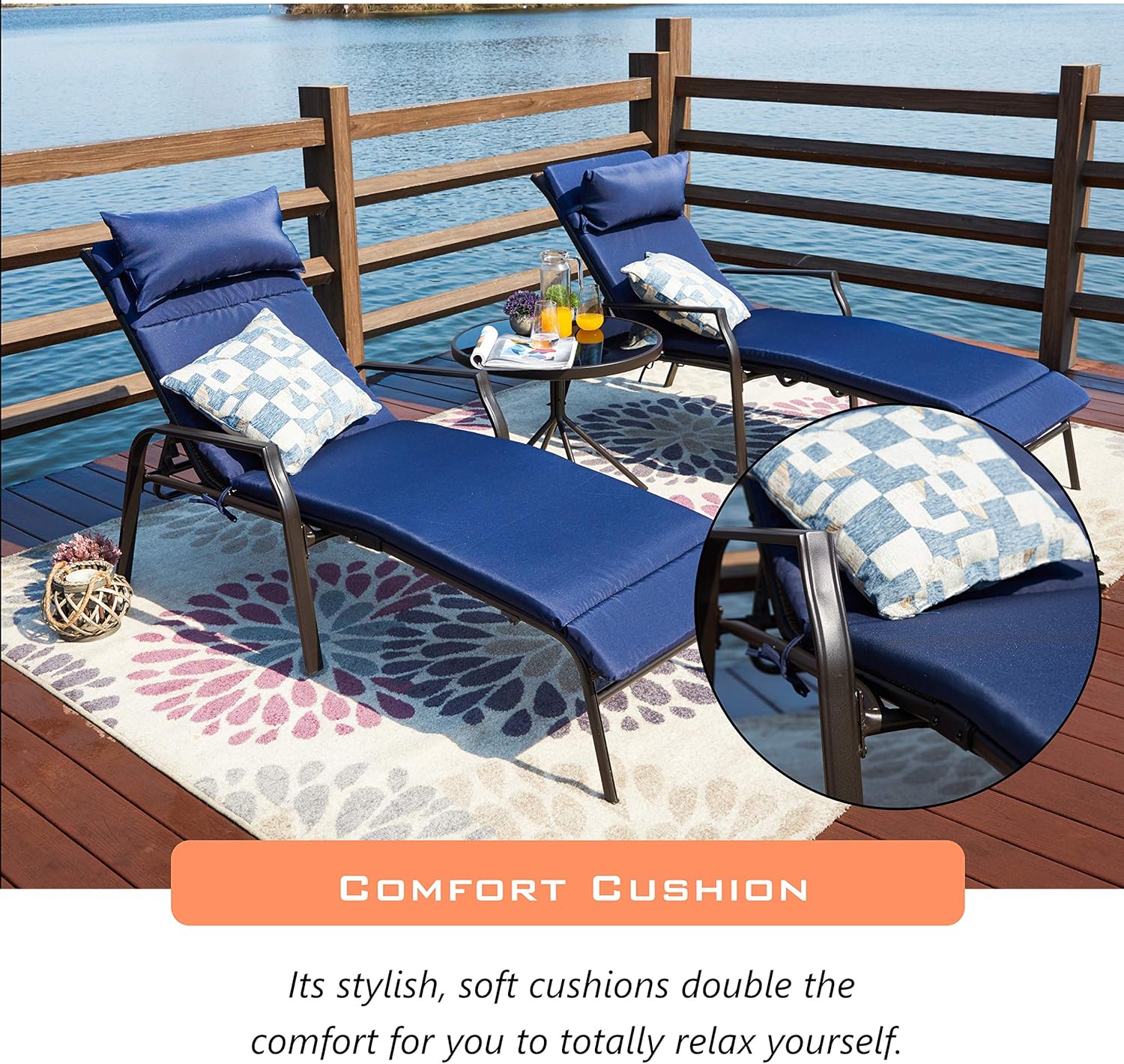 LOKATSE HOME 3 Pieces Outdoor Patio Chaise Lounges Chairs Set Adjustable with Folding Table, Dark Blue Cushions : Garden & Outdoor