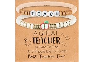 Y1tvei 2Pcs Teacher Appreciation Bracelet Gift Teach Apple Beaded Heishi Polymer Clay Beads Layering Stretch Bracelet Stack Personalized Jewelry Back to School Gifts for Teacher (Beige)