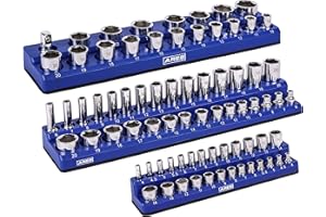 ARES 60036-3-Piece Blue Metric Magnetic Socket Organizer Set - Includes 1/4-Inch, 3/8-Inch, and 1/2-Inch Socket Holders - Holds Standard Size and Deep Size Sockets - Keeps Your Tool Box Organized
