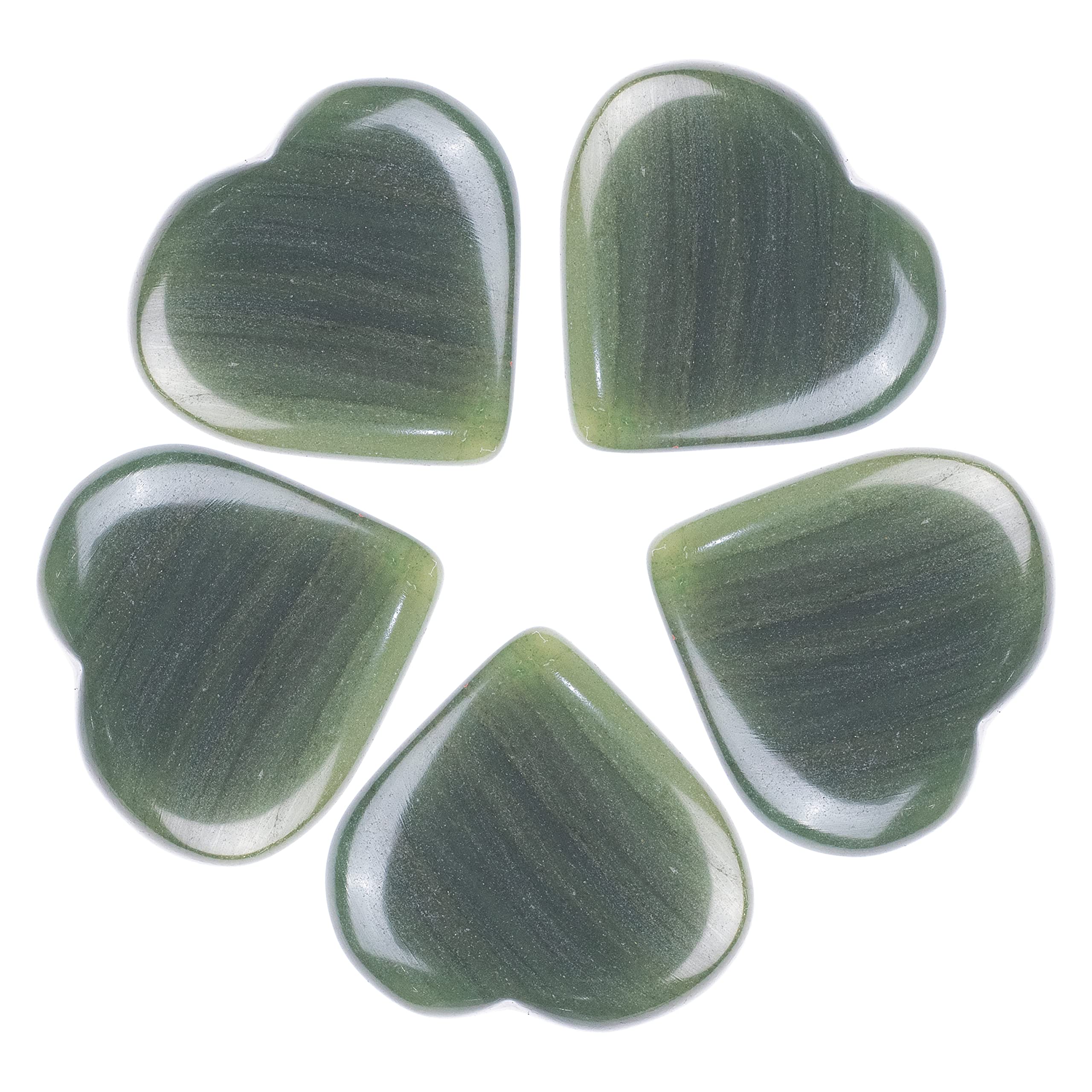 Crocon® 5 Pcs Green Mica Heart stone 25mm Mini Heart Shape gemstone Puff Stones Set 400+ Carats Pocket Crystal Healing Tumble Collection Palm Worry Stone Good Luck Meditation Gift Craft Home Decor