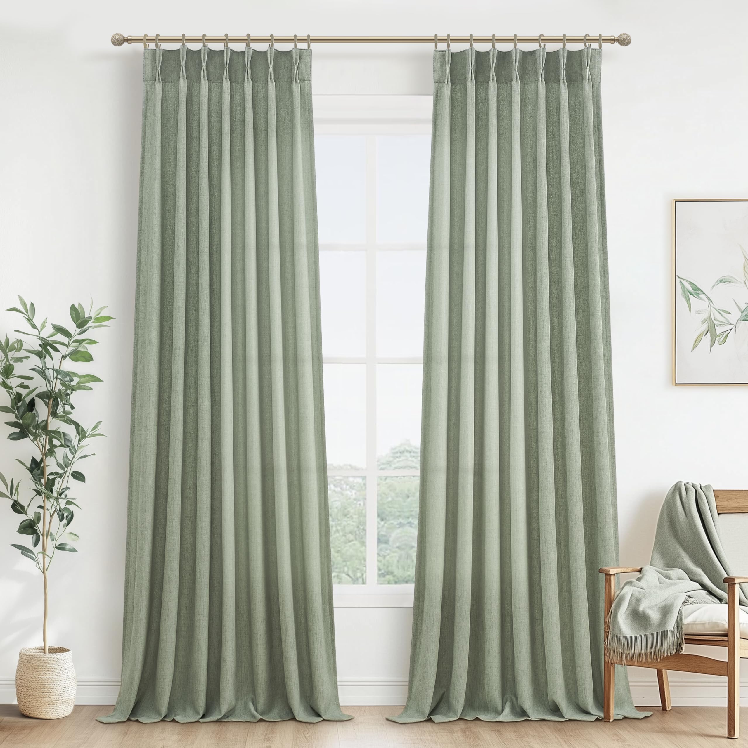 Photo 1 of PleatedDrapes Sage Green Farmhouse Curtains for Living Room 96 Inches Long 2 Panels Set, Pinch Pleat Linen Sheer Curtain Light Filtering Privacy for 96 Inch Length Large Window Drape(Hooks & Back Tab)