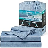 Brookstone Heathered Knit Moisture Wicking Full Size Sheet Set - Innovative Breathable Fabric for All-Night Use by Hot Sleepers - 4-Piece Set of Soft Bed, Fitted Sheet, Two Pillowcases - Faded Denim