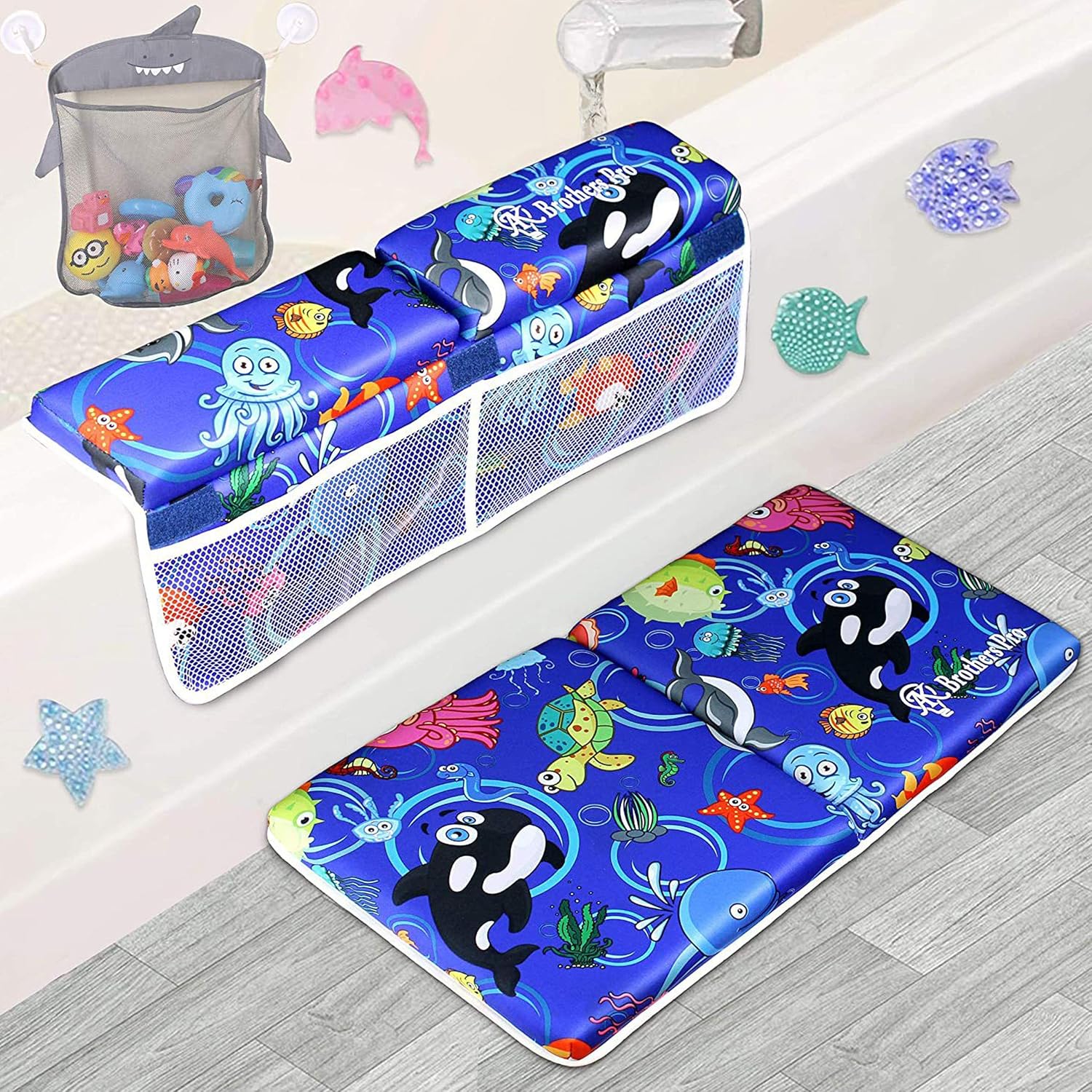 AK Brothers Bath Kneeler with Elbow Rest pad Set, Kneeling Mat with Three Extra Bonuses, Inflatable Spout Cover, Mesh Toys Organizer, 4 Colorful Decorative Tub Mats Toys in Tote Bag. Baby Shower Gift : Baby
