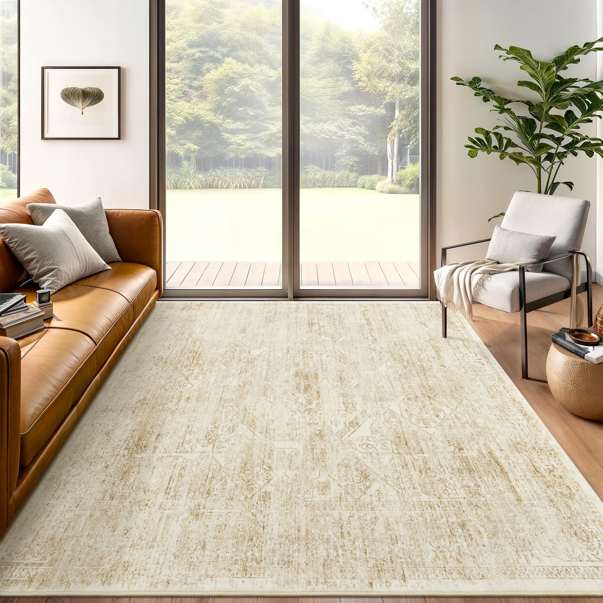 Photo 1 of Soalmost 5x7 Area Rugs Beige Low Pile Indoor Washable Trendy Faded Style Floral Rugs for Bedroom Living Room Dining Room Foldable Non-Slip Thin Print Mat