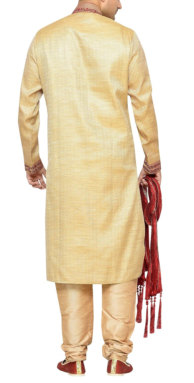 indian poshakh men's silk sherwani (1214_34, 34, gold and red)