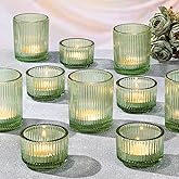 NITIME 20pcs Ribbed Green Votive Candle Holders, Assorted Tea Light Candle Holder Glass for Wedding Table Decor, Green Candle Holders for Table Centerpieces, Brithday and Tea Party Decorations
