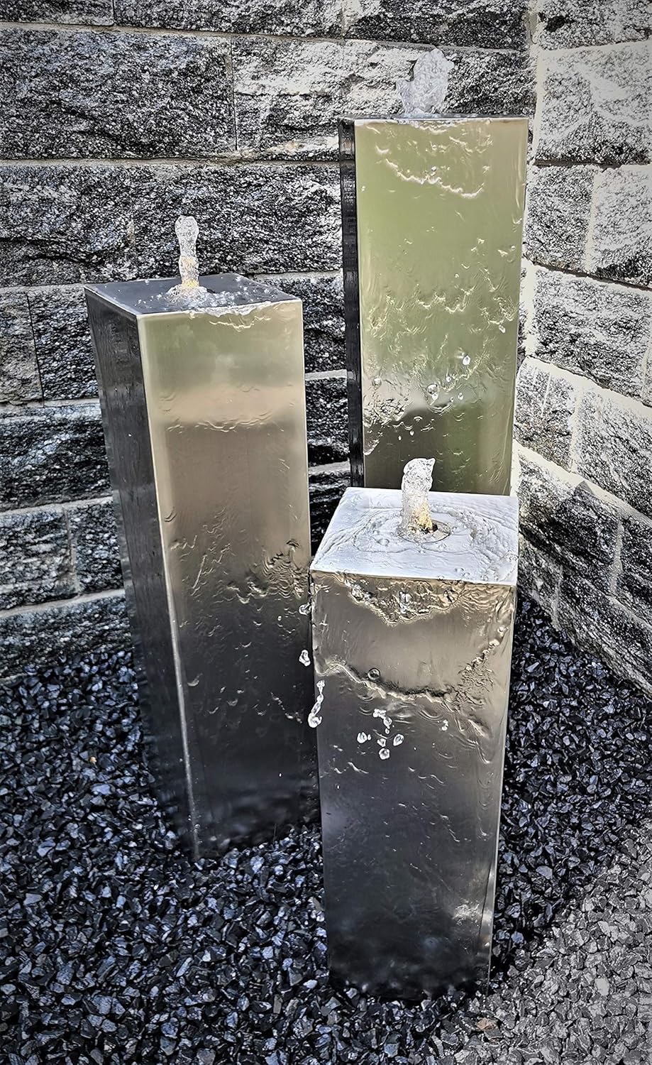 Jürgen Bocker Gartenambiente Säulenbrunnen Wasserspiel eckig 3er-Set Edelstahl matt gebürstet 100/80/60 x 20 cm ohne Becken