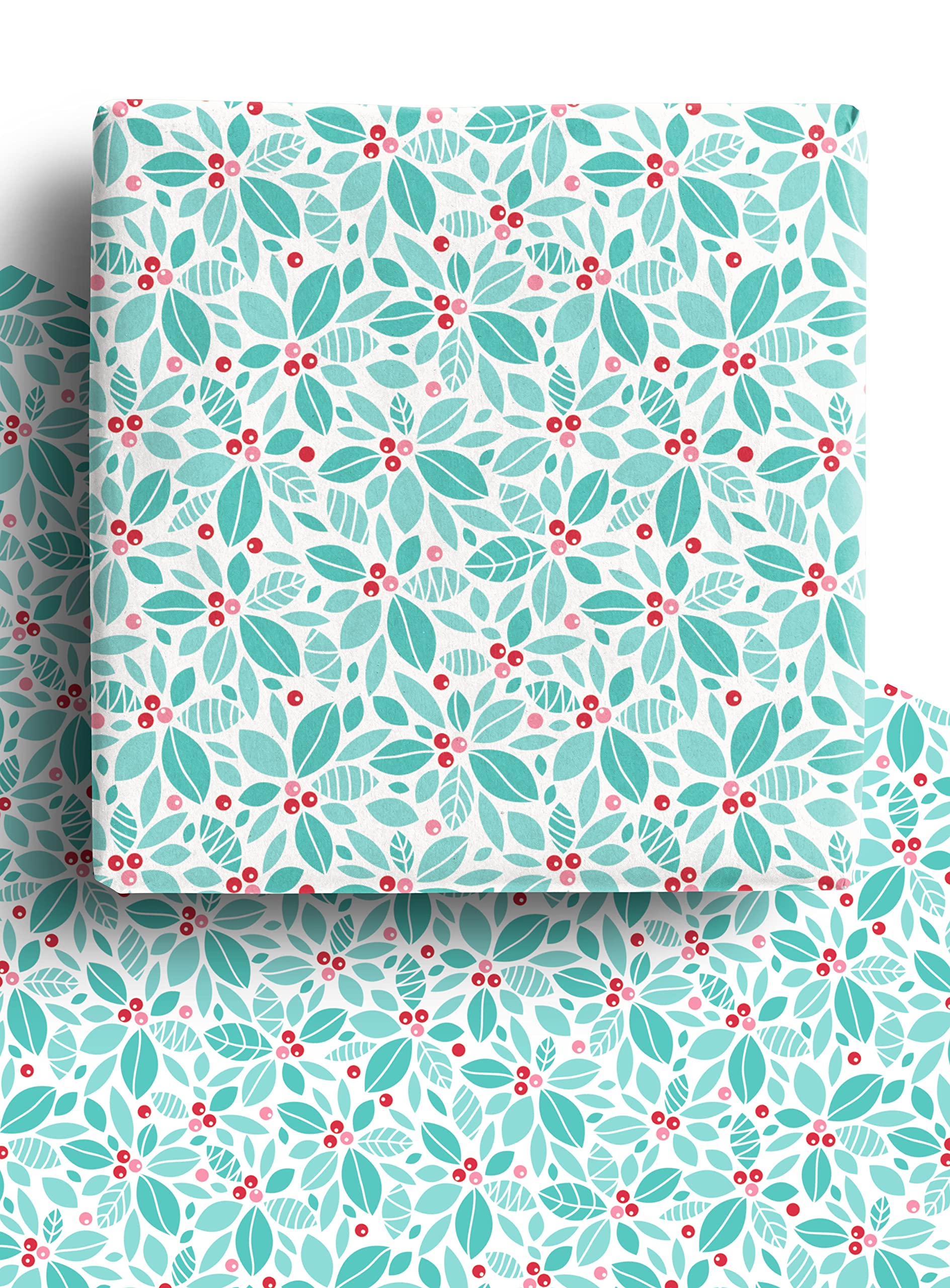 4 x Holly Green Christmas Wrapping Paper Sheets 70cmx50cm - Premium Recyclable Xmas Gift Wrap Designed & Made in the UK from 100% Recycled Paper