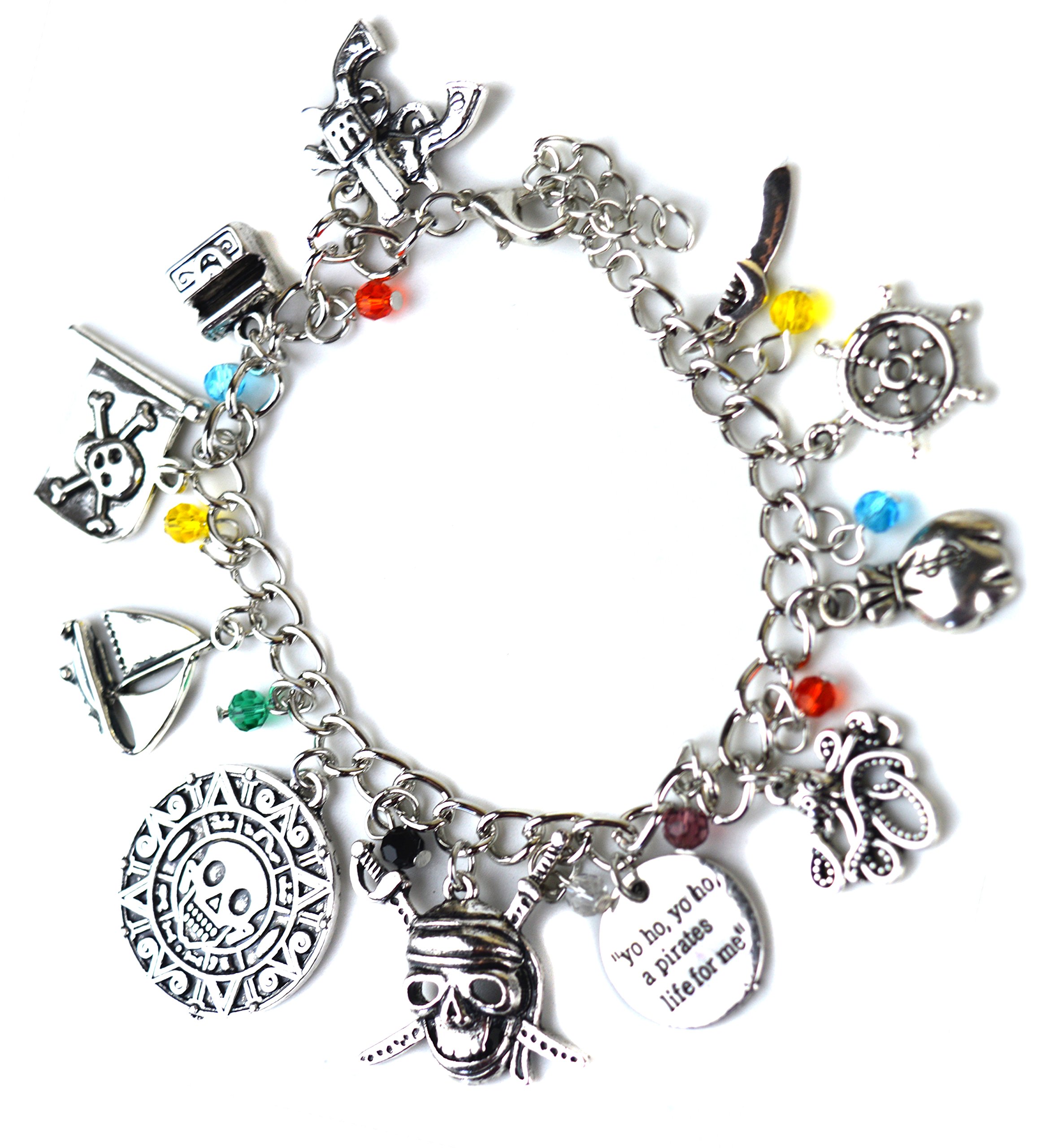 Beaux Bijoux Pirates of The Caribbean Charm Bracelet - Silver Tone Skull, Sword and Ship Charms in Gift Box