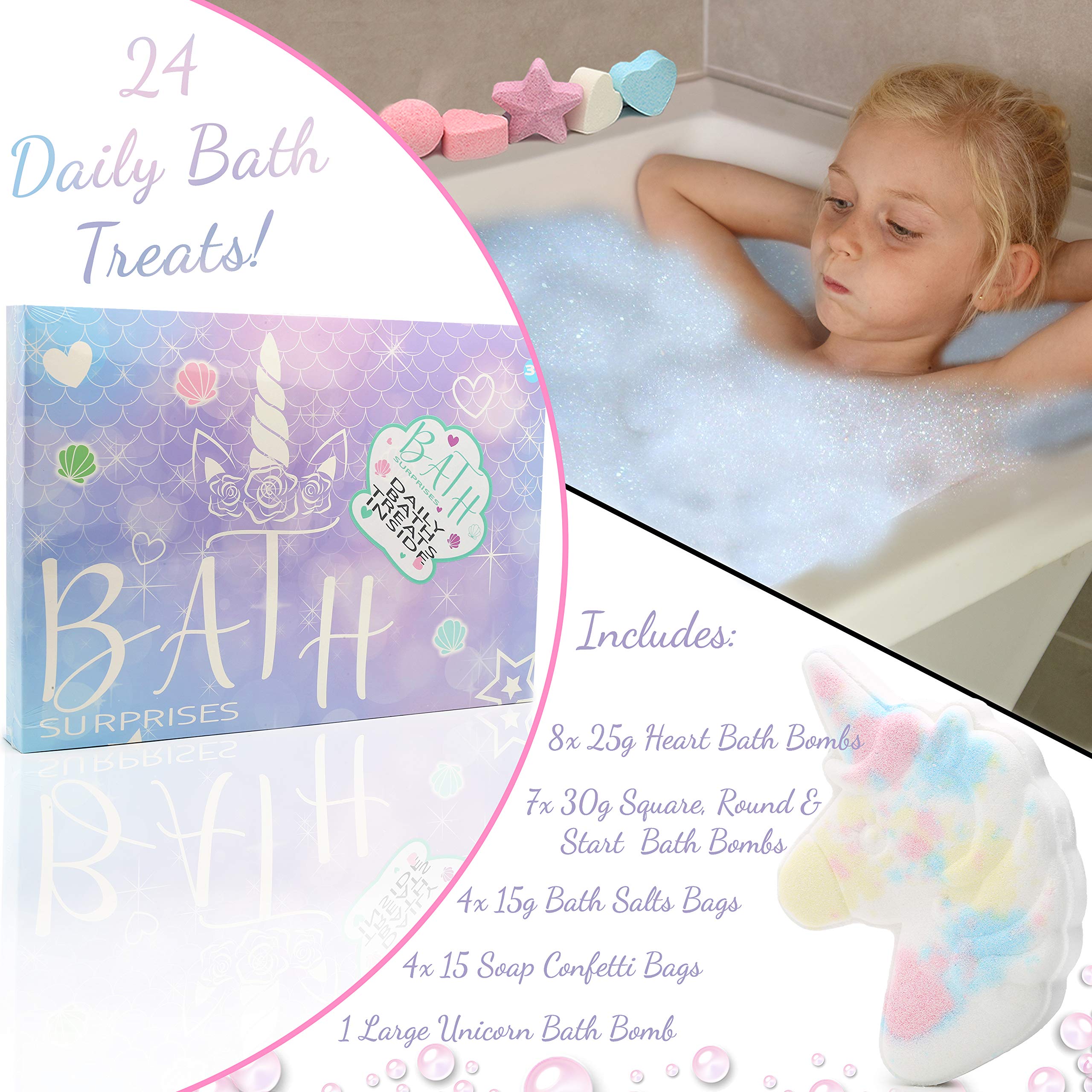 KreativeKraft Unicorn Bath Bomb Surprises Gift Set includes 24 Scented Cosmetics Bath Bombs Confetti and Salts | Fragrance Pamper Present Idea For Girls | Kids Bathbomb Set With Ball Heart Cube