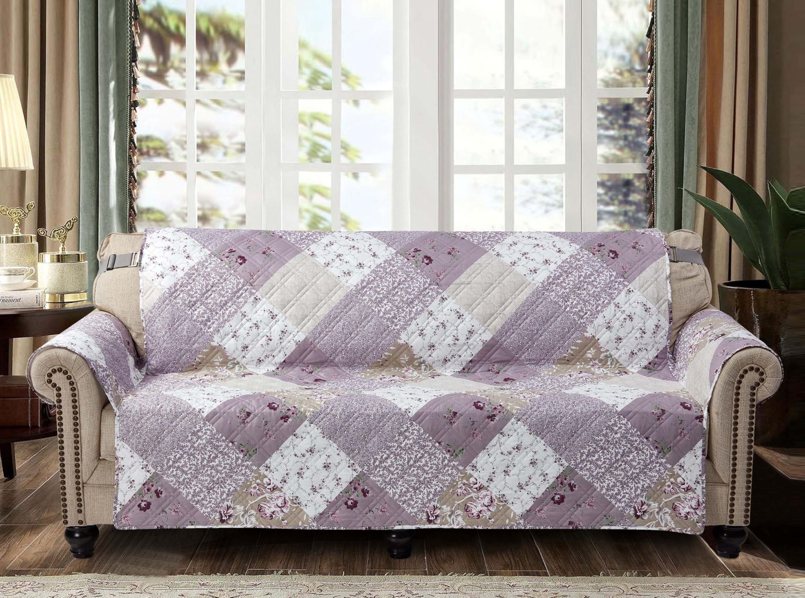 Photo 1 of Brilliant Sunshine Lilac and Beige Rose Patchwork Couch Cover, Quilted Large Sofa Slipcover, 70" Seat Width, Slip Resistant Furniture Protector, 2" Strap, Washable Couch Cover for Kids, Dogs, Lilac