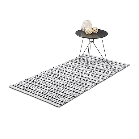 Relaxdays Teppich Läufer Flur 70x140 cm, Baumwolle, Handarbeit, Design Küchenläufer Kurzflor, Fußbodenheizung, schwarz-weiß