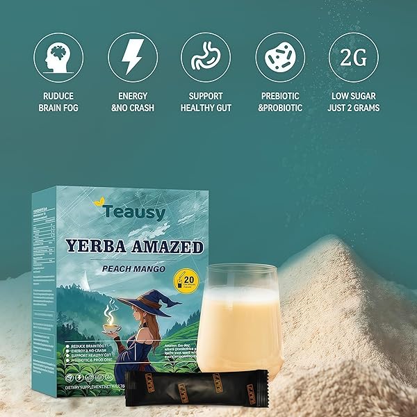 YERBA MATE – PEACH MANGO INSTANT TEA POWDER – 3-IN-1 SUPER DRINK: BRAIN FOG BUSTER WITH YERBA-INFUSED MAGIC – CLEAN ENERGY & GUT HEALTH BOOST | LOW SUGAR, 20 SERVINGS
