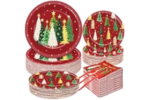 Polaxium 200Pcs Merry Christmas Paper Plates and Napkins,Red Tableware Set Xmas Trees Dinnerware Disposable Paper Plates Napkins for Christmas Holiday Home Party Favor Supplies, 50 Guests