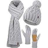 Aneco Women Winter Beanie Hat Scarf Gloves with Pom Pom Fleece Lined Touchscreen Gloves Set Thick Warm Knit Cap 3-in-1 Set