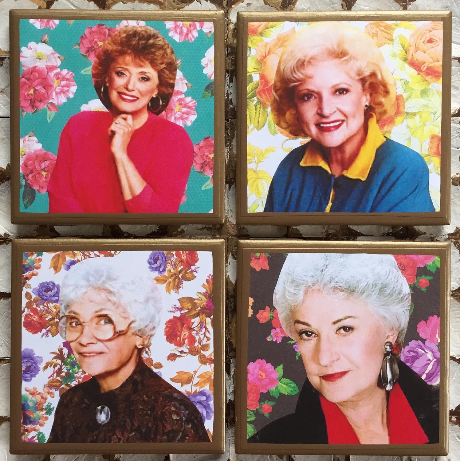 Golden Girls coasters with floral background and gold trim