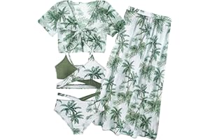 Happy Cherry Girls Swimsuit Teen Cute Bathing Suits Kids 4 Piece Tropical Print Beach Bikini Sets with Cover Up Size 8-12
