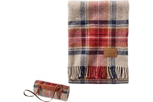 Pendleton Wool Blanket - Camping Blanket with Leather Strap Carrier - Plaid, Soft, Virgin Wool, Backpacking Blanket for Warmth and Comfort, Outdoor Adventures, Travel, Picnics, and Cozy Home Comfort