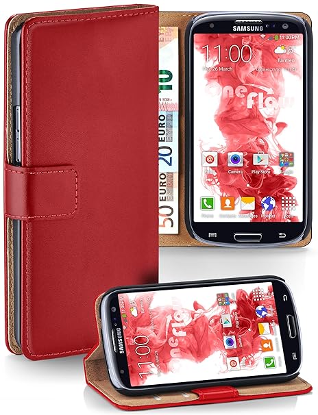moex Samsung Galaxy S3 | Hülle Rot mit Karten-Fach 360° Book Klapp-Hülle Handytasche Kunst-Leder Handyhülle für Samsung Galax